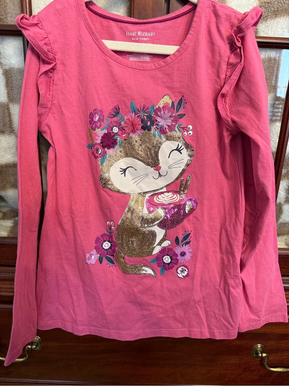 Isaac Mizrahi Hot Pink Long-Sleeve Cat Graphic Tee with Floral Accents